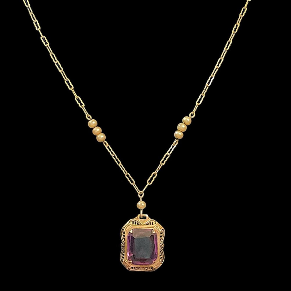 Vintage Gold Filled Art Deco Filigree Purple Glass Necklace 26.25”